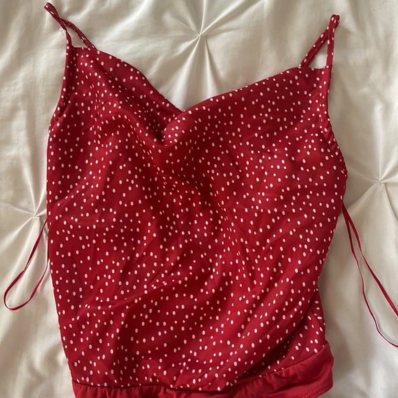Red and white polka dot cowl neck bodysuit - Picture 1 of 4